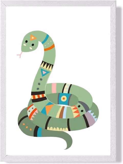 ARTZE Snake Tribal Animal Framed Print, White Frame, Pale Green and Multicolour, A3 – 1