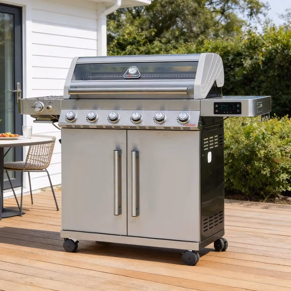 Grillstream Gourmet 6 Burner Gas and Charcoal BBQ in Silver with Cast Iron Grates, Side Burner, Warming Rack and Wheels
