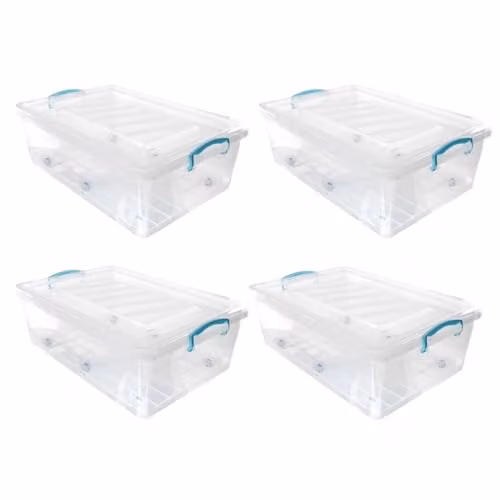 JVL Set of 4 Plastic Lidded Underbed Storage Boxes with Wheels, Stackable and Nestable, Transparent, 30L
