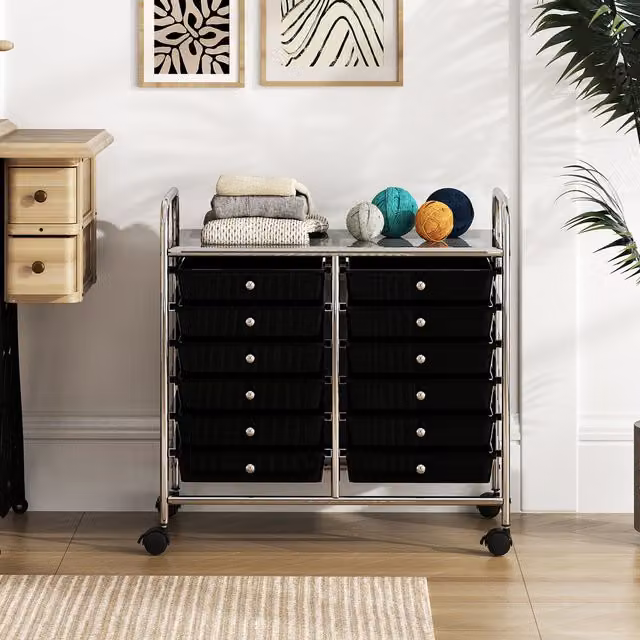 COSTWAY Black Metal Utility Storage Cart with 12 Drawers and Castors