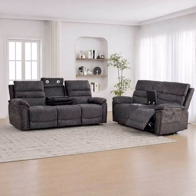 Furnishings For Less UK Sicily 3 + 2 Seater Electric Power Recliner Sofa Suite in Grey Fabric with USB Charging, Cup Holders and LED Lighting – 1