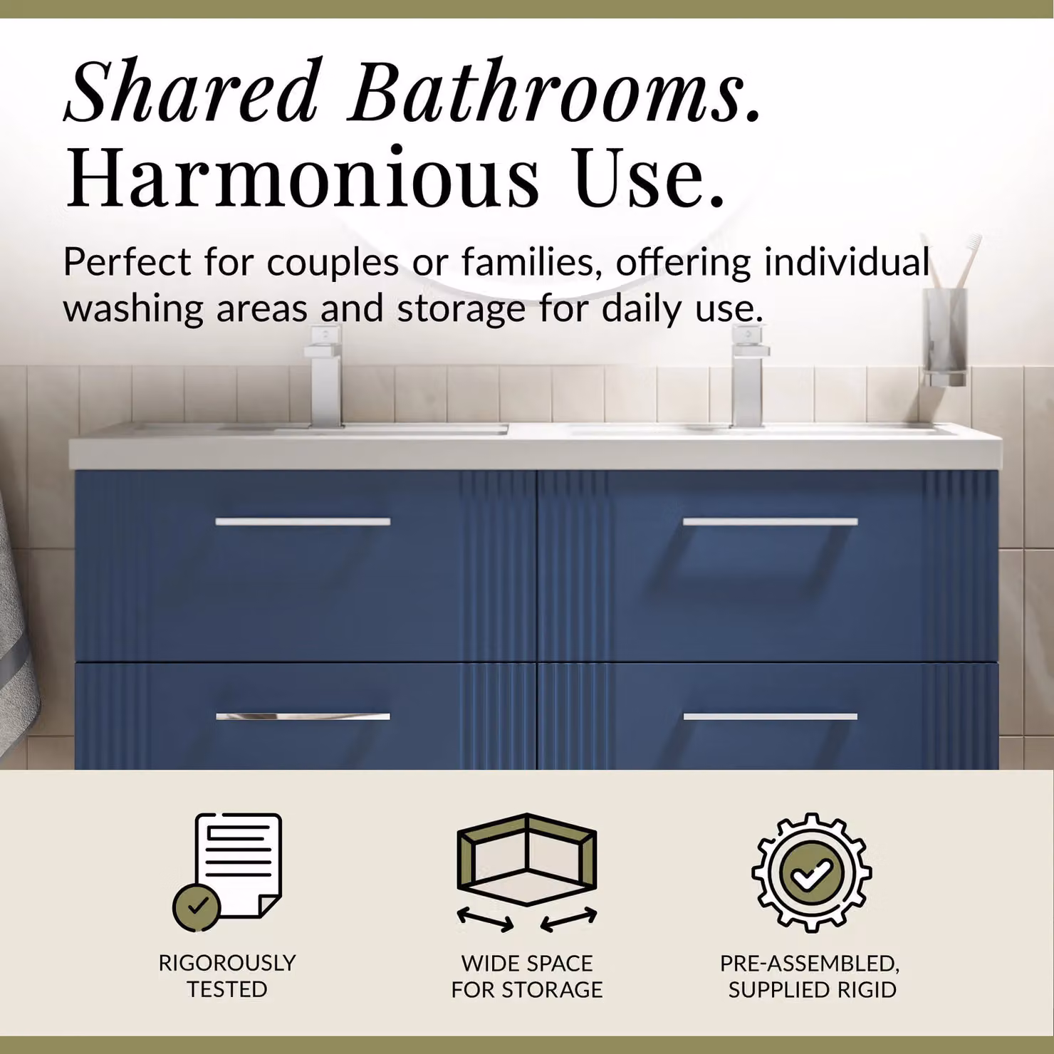 Balterley Wall Hung 4 Drawer Vanity Unit with 2 Polymarble Basins, Satin Blue, W: 120 cm – 2