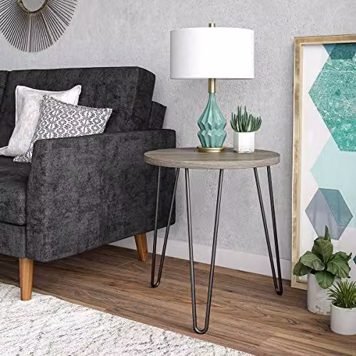 DHP Furniture Owen Mid-Century Round End Table in Grey Oak Look, W: 50 cm, D: 50 cm, H: 55.5 cm