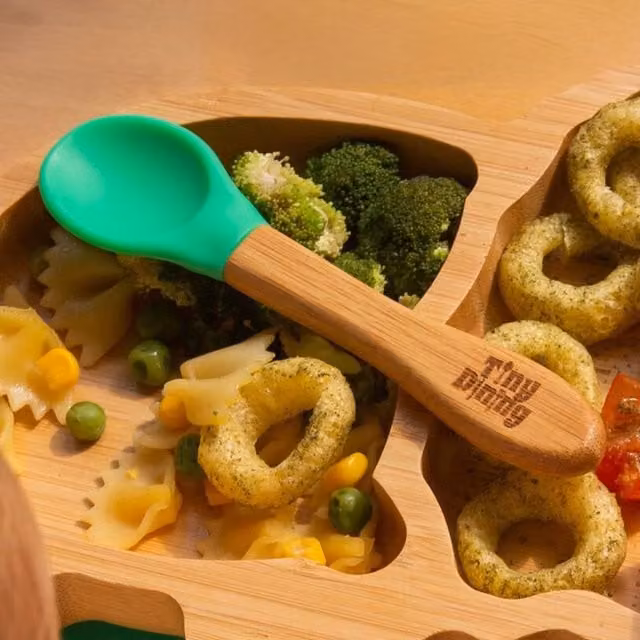 Tiny Dining Children's Bamboo Spoons with Silicone Tips, Green, Pack of 2, 14 cm