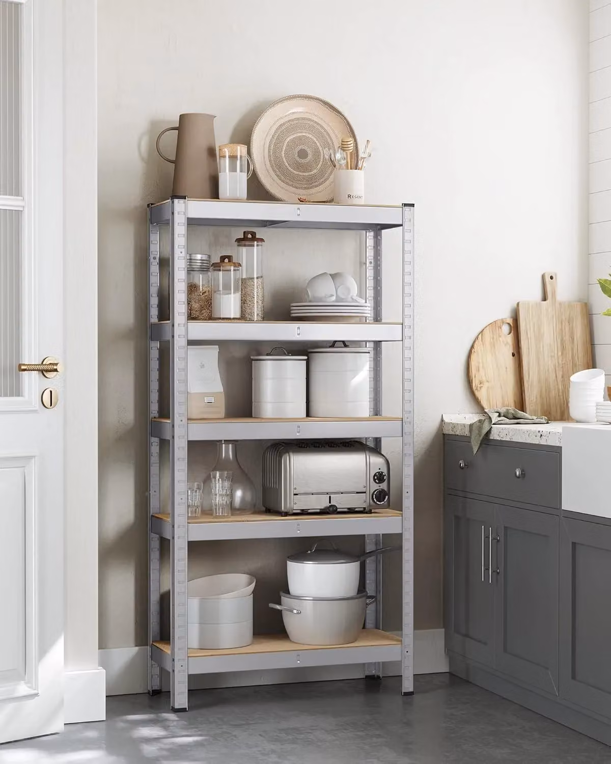 SONGMICS Set of 2 Freestanding Garage Shelving Units with 5 Adjustable Shelves in Silver and Rustic Wood – 2