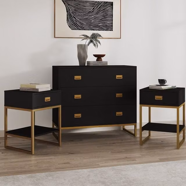 Melody Maison Elle Black Range Large 3 Drawer Chest of Drawers and Pair of Bedside Tables in Black and Gold