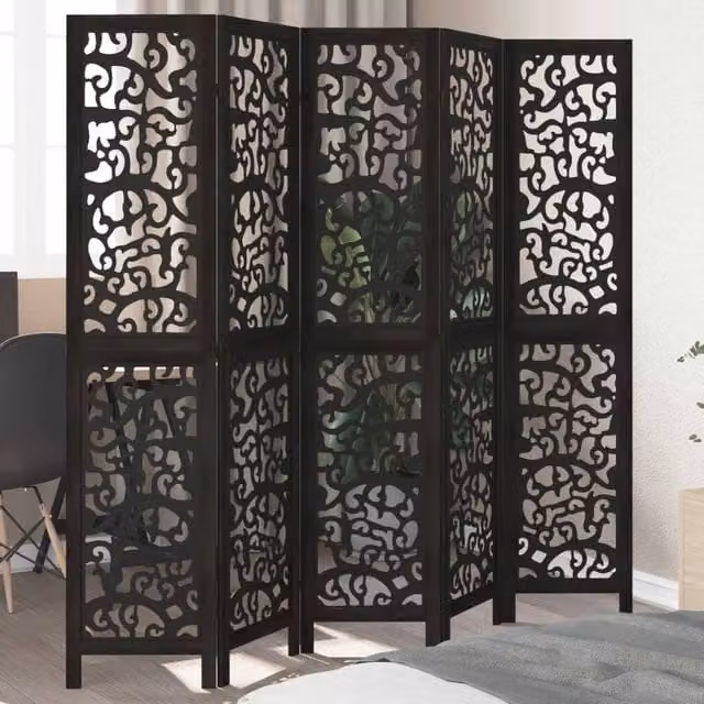 Berkfield Home 5-Panel Room Divider in Black Solid Paulownia Wood