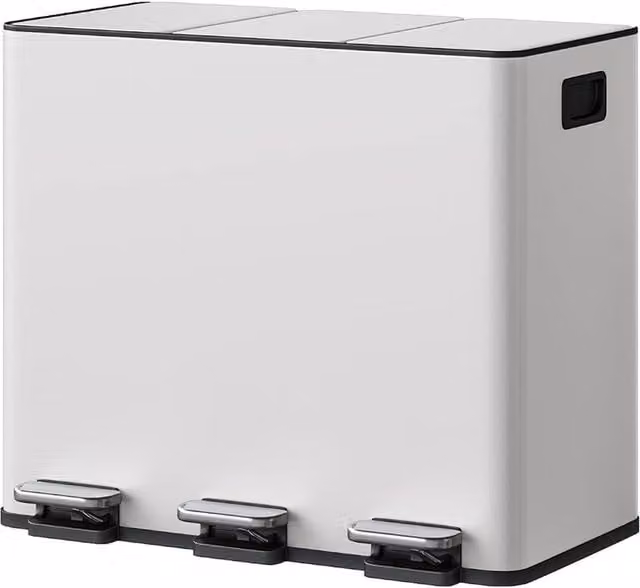 London Boutique 45L 3-Compartment Stainless Steel Kitchen Pedal Bin with Soft-Close Lid, White, W/D/H: 62.0 x 45.0 x 43.5 cm