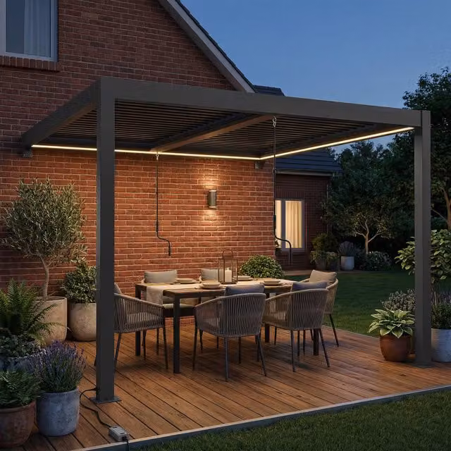 Outsunny Modern Lean-to Louvered Pergola with LED Lights and Metal Louvres, Dark Grey, W: 300 cm