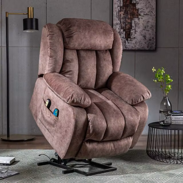 Home Touch Interior Brown Fabric Massage Recliner Chair with Heat, Vibration and Powered Lift Assist for Seniors