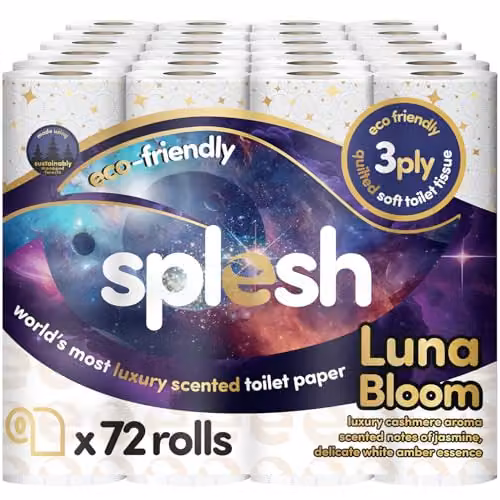 Cusheen Splesh Luna Bloom Cashmere Scented Toilet Roll, 72 Rolls, White with White Amber Essence, 3 Ply Luxury Bathroom Tissue