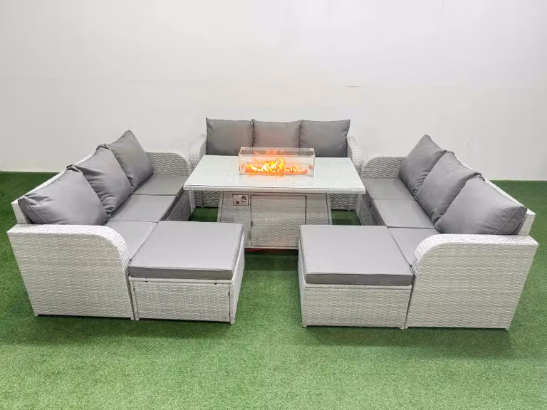 Fimous 11 Seater PE Rattan Outdoor Garden Furniture Set in Light Grey with Firepit Dining Table, 3 Seater Sofa and 2 Ottomans