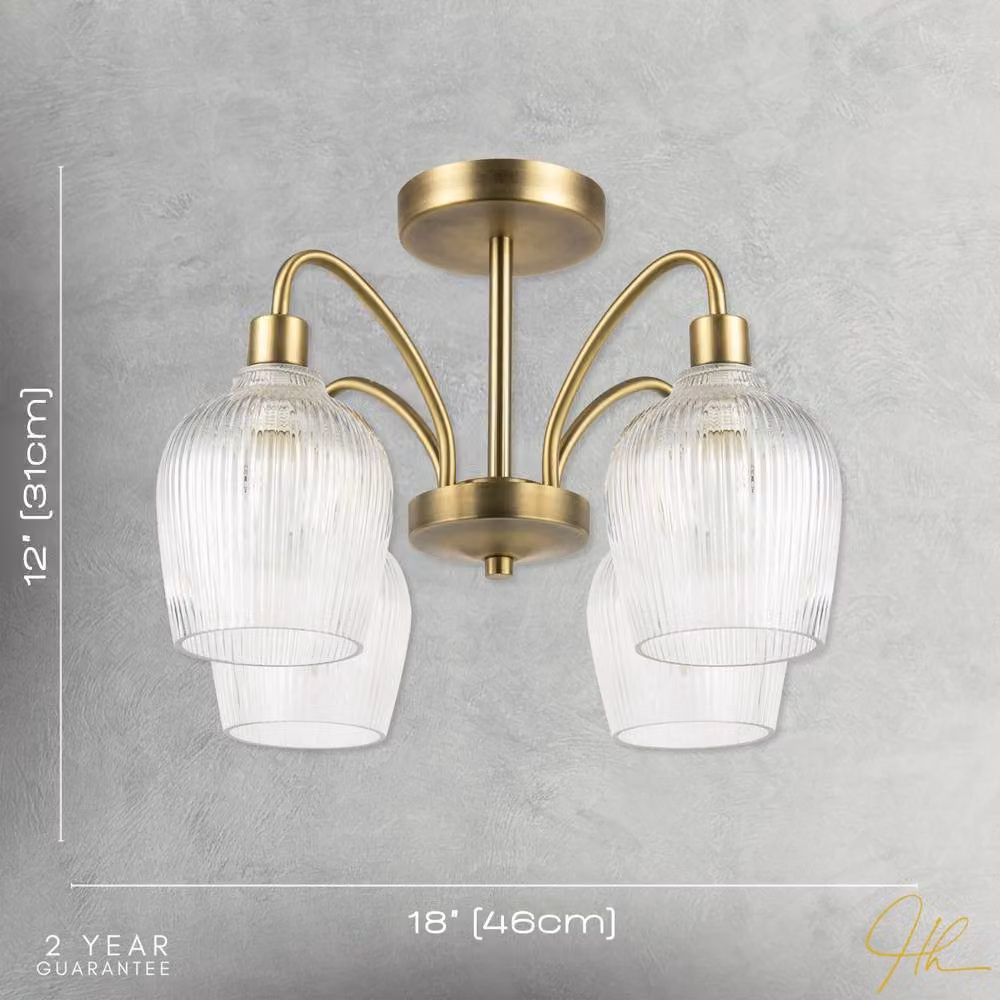 Happy Homewares Classic Ceiling Light Fitting with Transparent Ribbed Glass Shades in Gold/Brass – 3