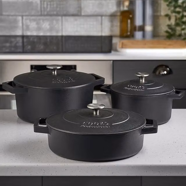 Cooks Professional Set of 3 Black Enamel Cast Iron Casserole Dishes with Lids