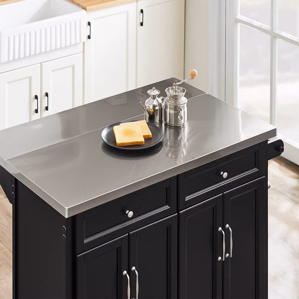 SoBuy Mobile Drop-Leaf Kitchen Island Breakfast Bar with 2 Drawers in Black – 4