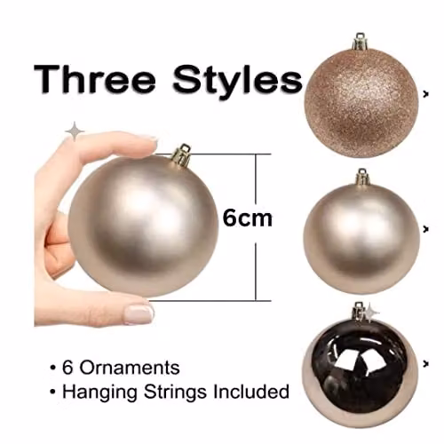 Shatchi 6-Piece Shatterproof Christmas Bauble Hanging Decorations in Gold and Silver, 60mm Round Plastic Ornaments – 2