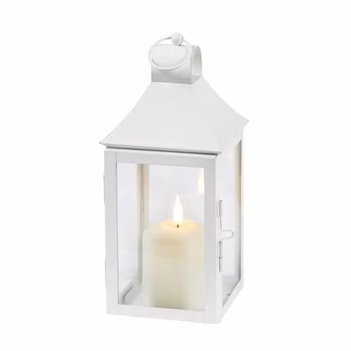 Lights4fun Albury White Metal Decorative Garden Lantern with TruGlow Flicker Effect Candle, Height: 25 cm – 4