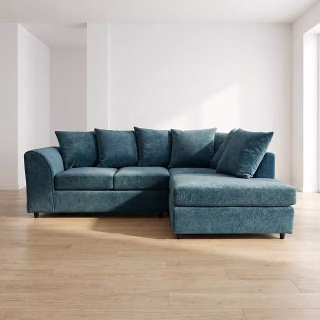 Abakus Direct Harriet Boucle Right Facing Corner Sofa with Chaise and Scatter Cushions in Petrol Teal – 1