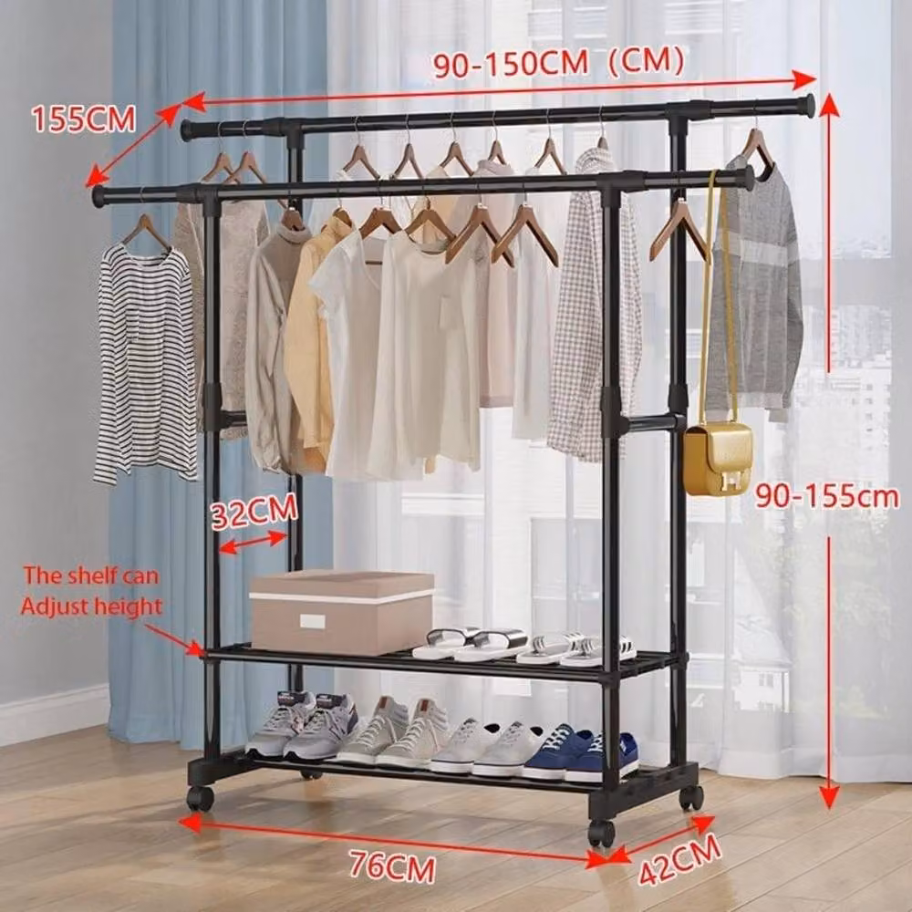 NESTLUNE Heavy Duty Metal Double Rail Clothes Garment Hanging Rack in Matt Black – 2