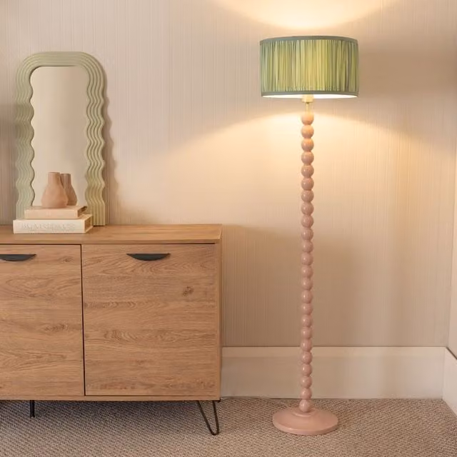 ValueLights Bobbin Stem Floor Lamp in Rose Pink with Green Pleated Fabric Shade, H 145 cm x W 25 cm x D 25 cm – 2