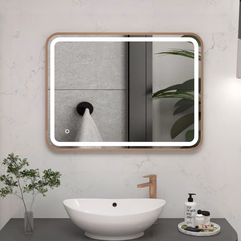 Royal Bathrooms Luna Rectangular Frontlit LED Illuminated Mirror in Brushed Bronze, W: 60 cm, H: 80 cm, with Demister Pad and Touch Sensor