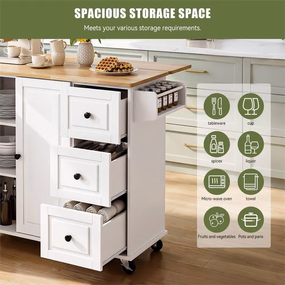 NESTLUNE White Rolling Kitchen Island Storage Trolley with Rubberwood and Glass – 3