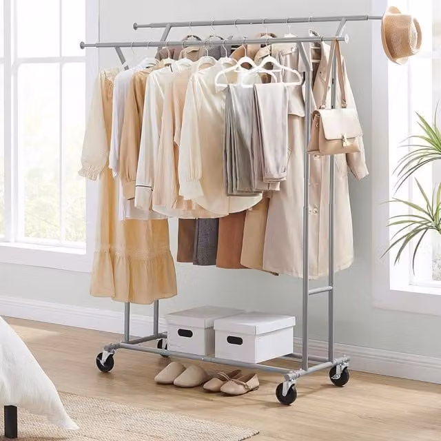 SONGMICS Double Clothes Rail on Wheels, Grey Metal Clothes Rack, H 169 x W 172 x D 110 cm