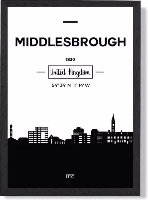 ARTZE Middlesbrough Black and White City Skyline Framed Print – 1