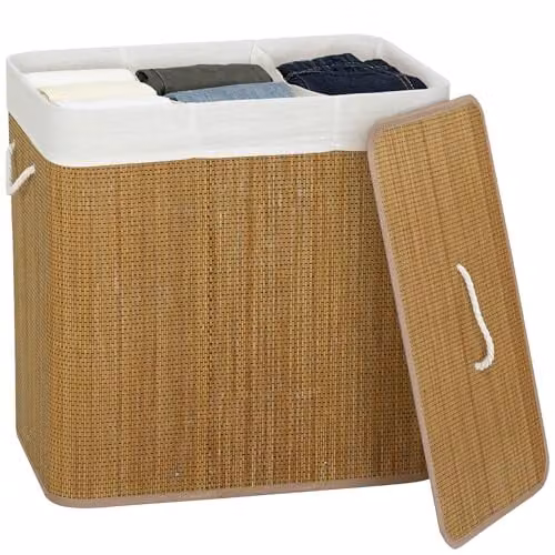 HOMCOM 144L 2-Section Laundry Basket with Lid and Handles, Brown