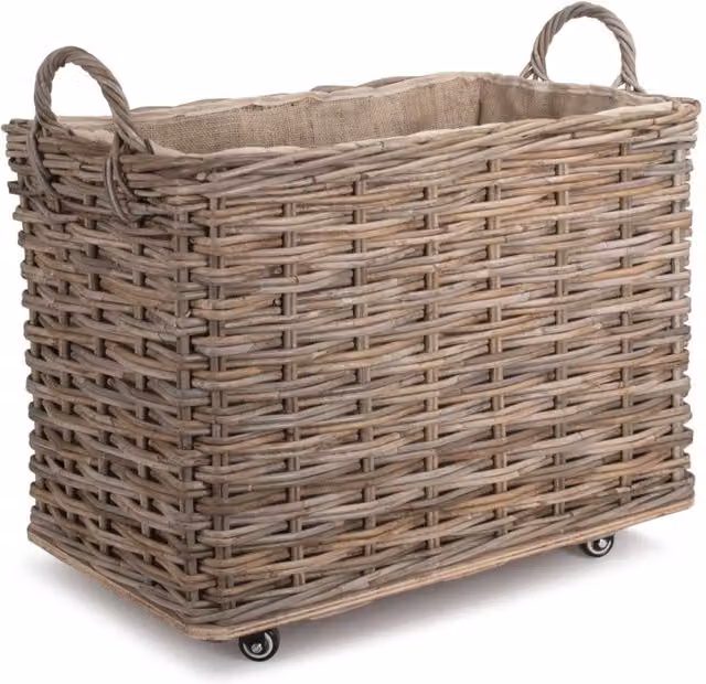Red Hamper Small Wheeled Rattan Log Basket with Hessian Lining in Grey, Brown or Red, W/D/H: 64.0 x 45.0 x 41.0 cm – 2