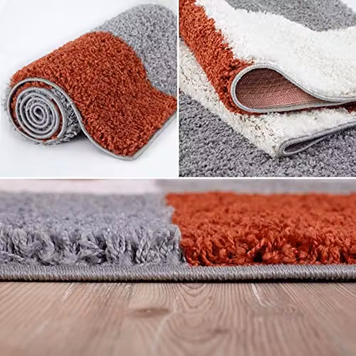 THE RUGS Modern Checked Shaggy Area Rug in Grey and Multicolour, W/D/H: 80 x 300 cm – 4