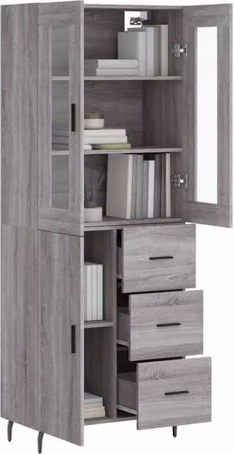 Berkfield Home Grey Sonoma Highboard with Glass and Metal Details, W/D/H: 69.5 x 34 x 180 cm – 1