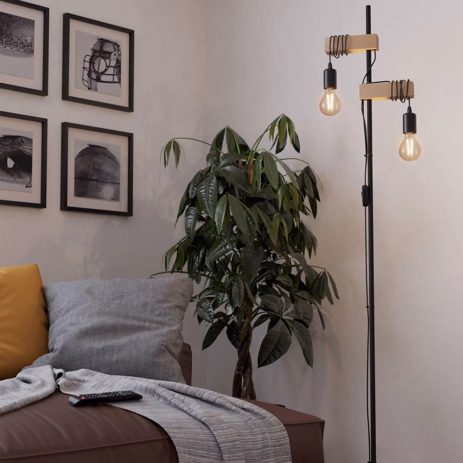 Eglo Townshend 2-Light Vintage Floor Lamp in Black Metal and Wood, Diameter: 25 cm – 3