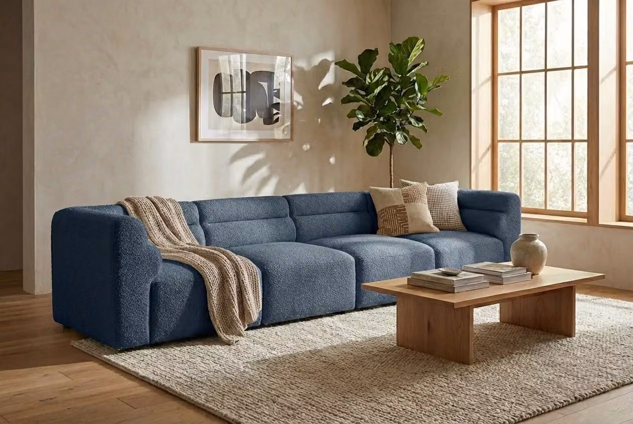 Araco Atelier Atlas 3 Seater Spindle Upholstered Fabric Sofa in Beige or Blue