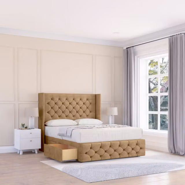 Sloomy Luthor Dumfries Wingback Bed Set with 54 inch Floor Standing Headboard in Light Beige, Small Double, W/D/H: 120 x 200 cm