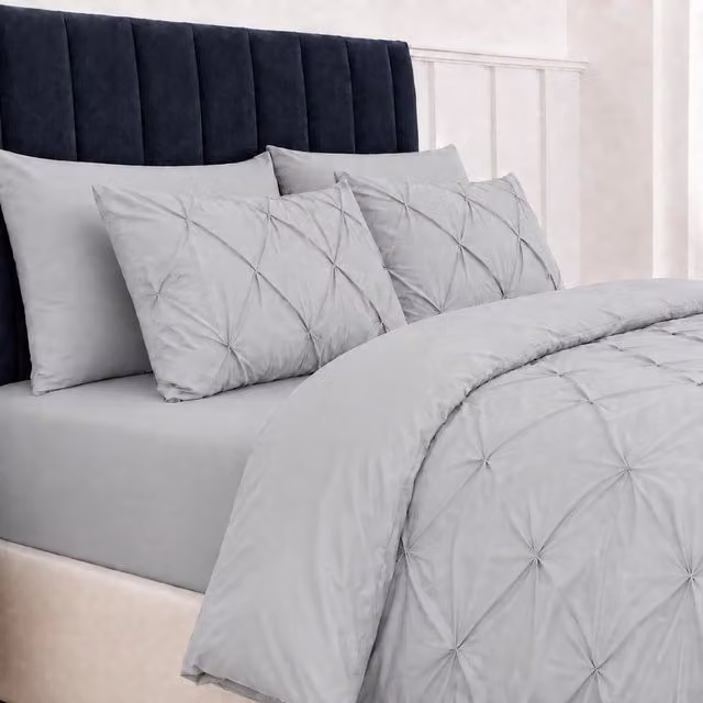 MHG Living 5 Piece Grey Pintuck Microfibre Duvet Cover Set with Fitted Sheet and Pillowcases