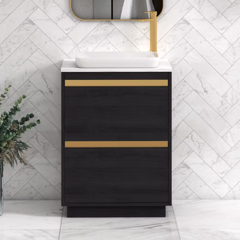 Royal Bathrooms Orion 800mm Hale Black Floor Standing Vanity Unit with Qubix Basin and Carrara White Countertop, 2 Drawers and Brushed Brass Accent Trim
