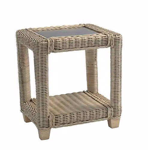 Desser Burford Sofa Side Table with Glass Top and Natural Wash Wicker Cane Storage Shelf, H57 x W49 x D49 cm