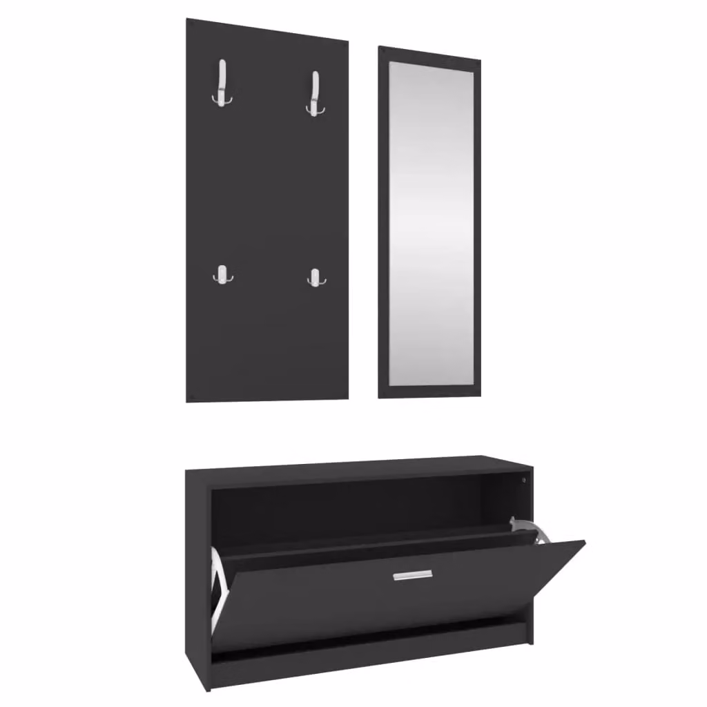 Berkfield Home 3-in-1 Modern Black Shoe Cabinet Set with Mirror and Wall Rack – 2