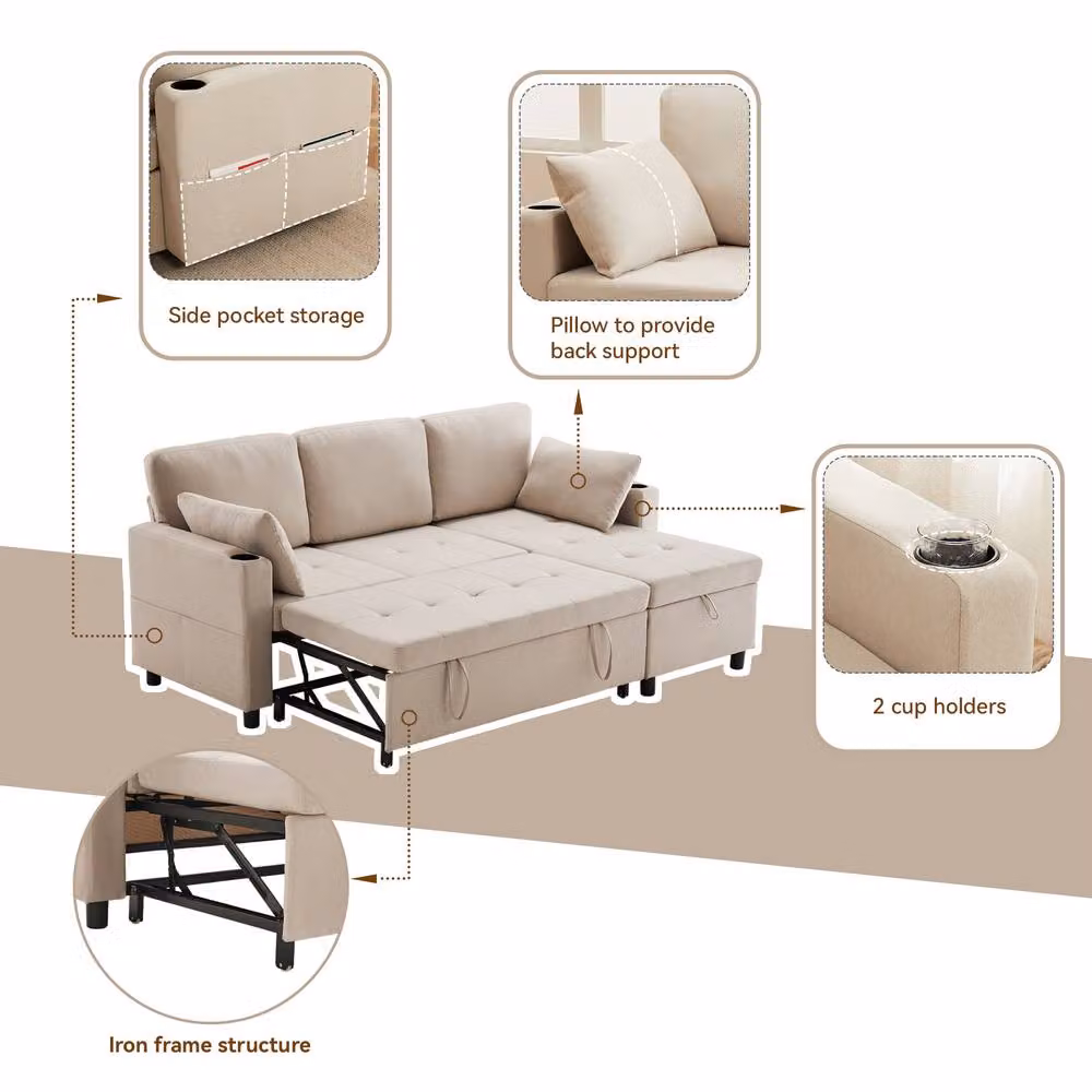 BTM Beige L-Shaped Reversible 3-Seater Fabric Sofa Bed with Storage and Cup Holders – 3