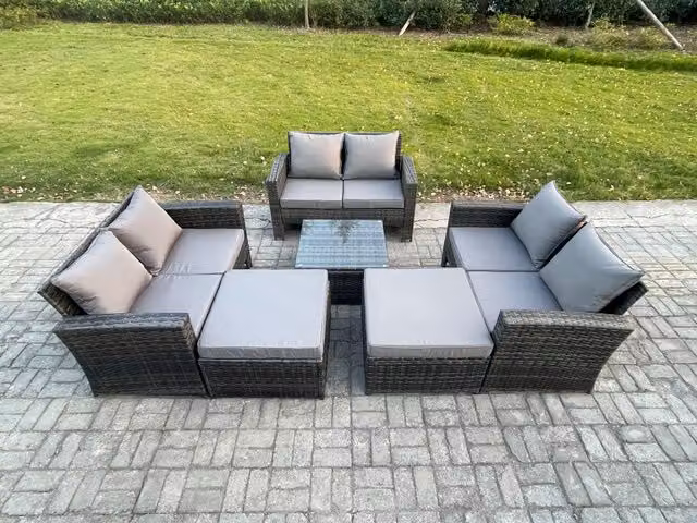 Fimous 8 Seater Rattan Garden Furniture Set in Dark Grey with U-Shape Sofa, Coffee Table and 2 Ottomans