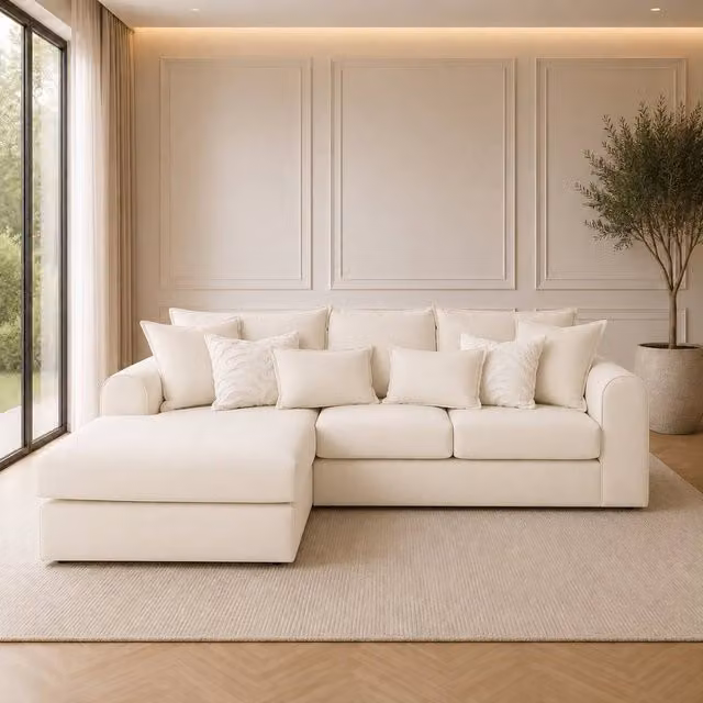 Home & Love Ariana Luxury Left Chaise Corner Fixedback Sofa in Naples Cream Fabric, W/D/H: 250 x 160 x 160 cm