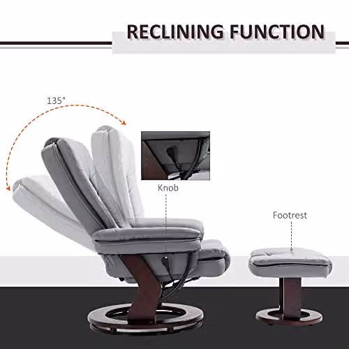 HOMCOM Grey Recliner Chair with Matching Footstool, 135 Degree Swivel Relax Chair in Synthetic Leather – 4