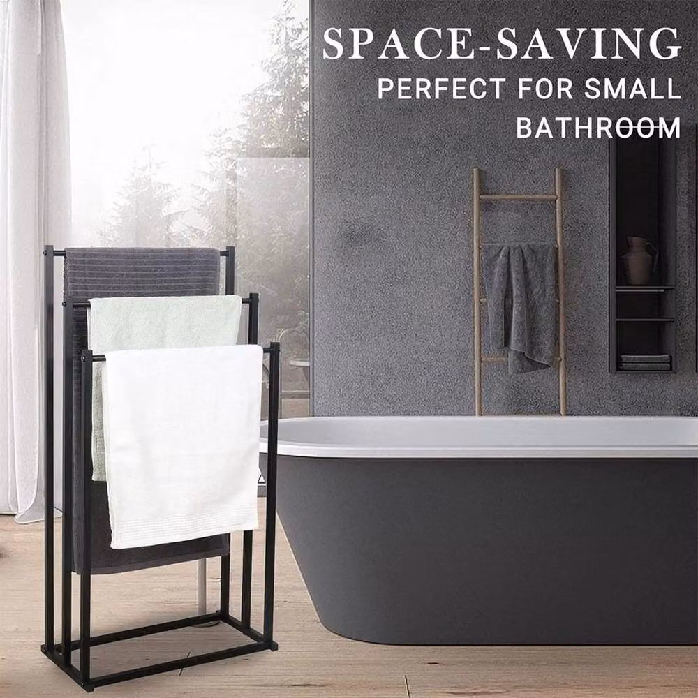 FLAVORA 3 Tier Free Standing Towel Drying Rail Rack in Matt Black Metal – 4