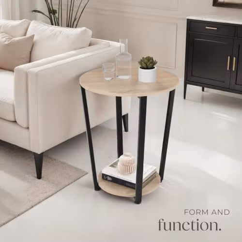 tectake Round Industrial Style Side Table with Steel Frame and Brown Wooden Shelves, Diameter: 50 cm, Height: 62.5 cm – 2