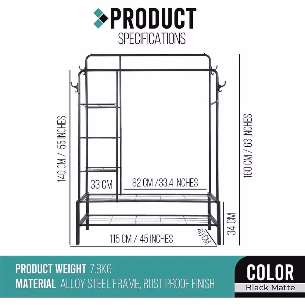KLASS HOME Heavy Duty Double Clothes Rail with Shelves and Shoe Rack in Black – 2