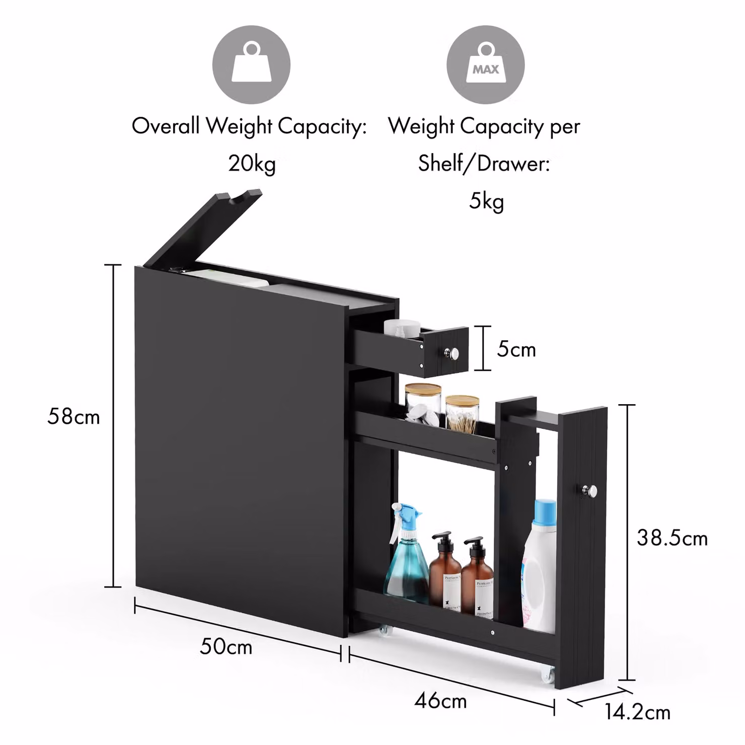 VonHaus Shrewsbury Slimline Freestanding Shaker Style Bathroom Storage Unit in Black, W/D/H: 14.2 x 50.0 x 58.0 cm – 6