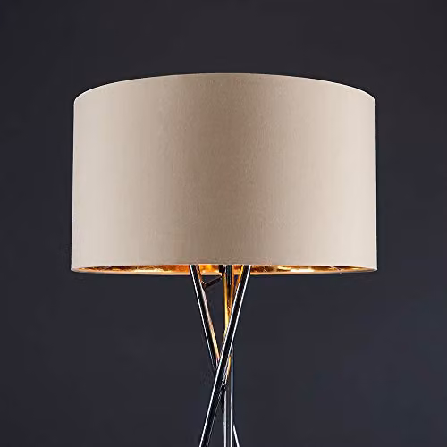 ValueLights Camden Modern Polished Chrome Metal Tripod Floor Lamp with Beige and Gold Cylinder Fabric Shade and 6W Warm White LED Bulb, H 154 cm x W 57 cm x D 57 cm – 3