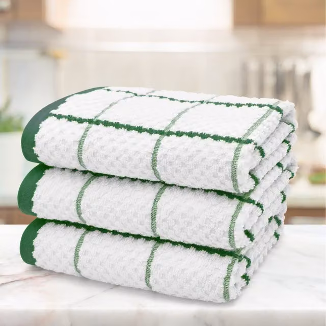 Kitchen Trends Set of 3 Highly Absorbent Checked Cotton Tea Towels in Green, Grey, Beige, Orange and White