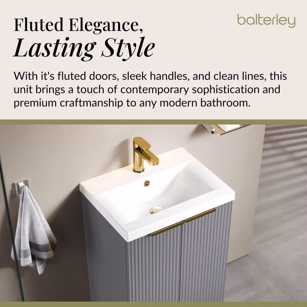 Balterley Fluted Front 2 Soft Close Door Grey Freestanding Vanity Basin Unit with Brushed Brass Details, W: 50 cm, H: 85 cm – 3